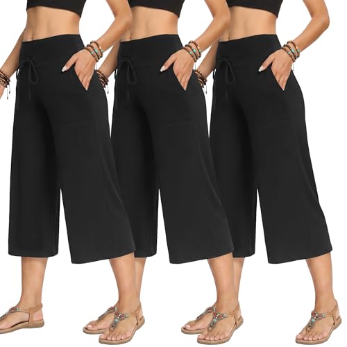 Image of TNNZEET 3 Pack Women's Wide Leg Pants with Pockets - Casual Loose Yoga Trouser Pants Sweatpants Palazzo Lounge Pajama Pants