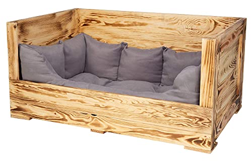 Truhenking Tolles Hundebett aus Holz mit Polsterung Holzkiste mit besonderer Holzmaserung und großem Einstieg| Neu | 90x57x45cm | Hundebett mit dickem & warmen Polster
