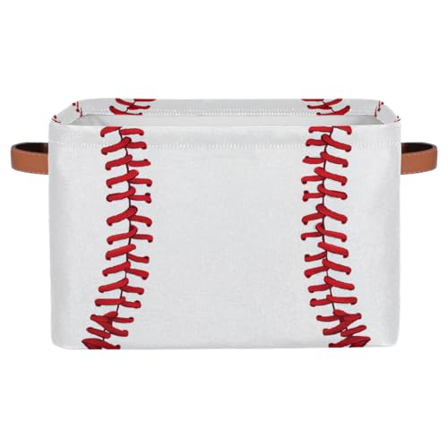 Peaom Baseball Storage Basket for Shelves, Storage Bins with Handles, Collapsible Basket for Organizing, Closet Toy Baskets for Nursery Room, 15x11x9.5 in, Canvas, Sports Baseball Stitches Lace