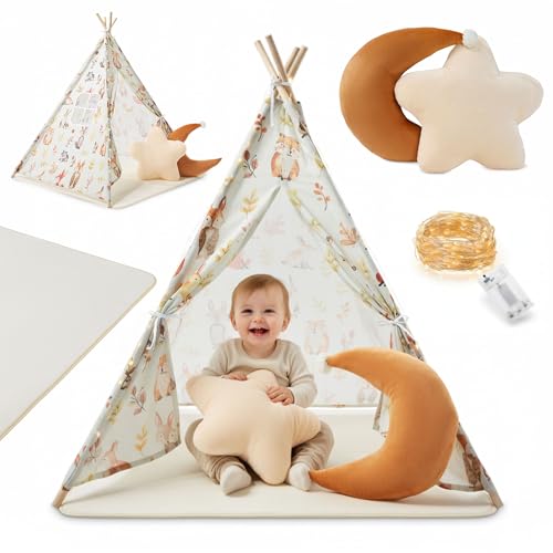 Mamabrum Kinder Tipi Zelt Ecru mit Waldmotiv, Spielzelt für Kinderzimmer mit Matte, Kissen und LED Lichterkette, Gemütlicher Rückzugsort ab 3 Jahren