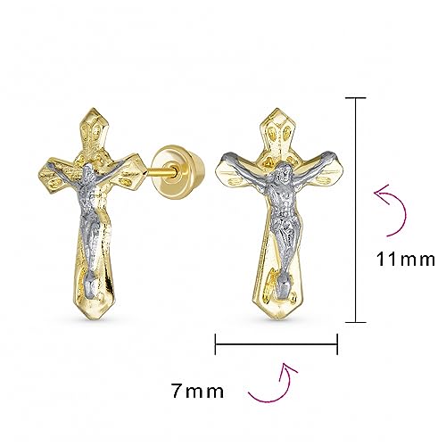 Tiny Minimalist Christian Religious Ichthus Jesus Fish or Black Gold Crucifix Cross Real Two Tone Yellow 14K Gold Stud Earring For Women Teen Safety Screw Back4