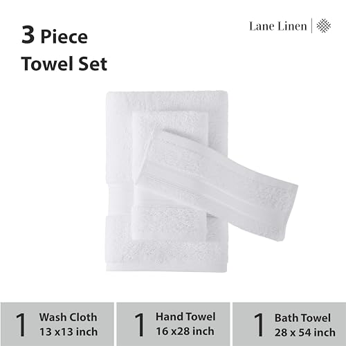 Image of Lane Linen Luxury Bath Towels Set - 3 Piece 100% Cotton Bathroom Towels, Quick Dry, Extra Aborbent, Super Soft Towels Set 1 Hand Towel, 1 Wash Cloths, 1 Bath Towel, White