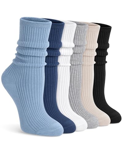 Image of YSense Women's Cotton Crew Socks 6 Pairs, Long Cute Aesthetic Neutral Athletic Boot Socks for Women Stocking Stuffers Gifts