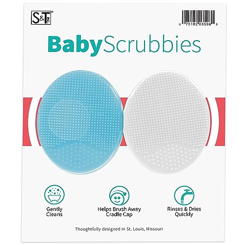 Image of S&T INC. Exfoliating and Massaging Cradle Cap Bath Brushes for Baby, Silicone - 2 Inch x 2.5 Inch, Blue and White, 2 Pack