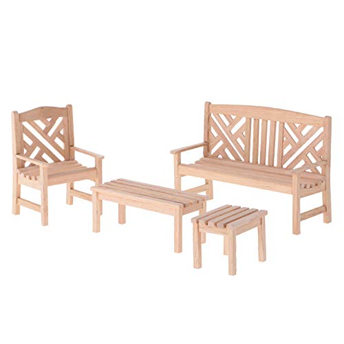 Eatingbiting Dollhouse Accessories Furniture 1:12 Dollhouse Miniature Furniture Wooden Garden Unpainted Bench Chair 4 Pieces Per Set, Including 1 Double Chair, 1 Single Chair, 1 Table, 1 Stool #TOP3