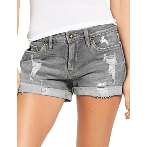 luvamia Women's Ripped Denim Jean Shorts High Waisted Stretchy Folded Hem Short Jeans Large A2 Foxy Gray