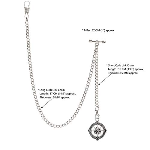 Treeweto Men's Albert Chain Pocket Watch Curb Link Key Chain 2 Hooks With Antique Compass Silver Pendant Design Charm Fob T Bar #TOP2
