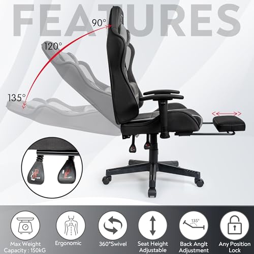 Lethal Black Ergonomic Gaming Chair - with Premium Breathable Alcantara Fabric, Multi Adjustable Armrests, Neck & Lumbar Support (Titan Series, Black) - Image 3
