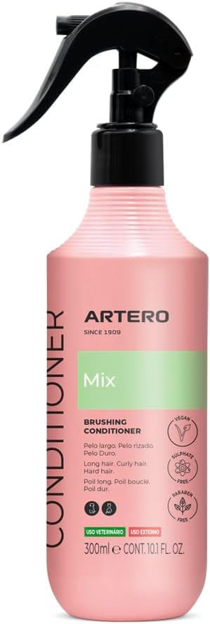 Artero Mix. Multi-phase conditioner for dogs and cats, detangles and moisturises the coat. Ideal for all hair types, daily and professional use. No rinsing required. Reduces drying time.