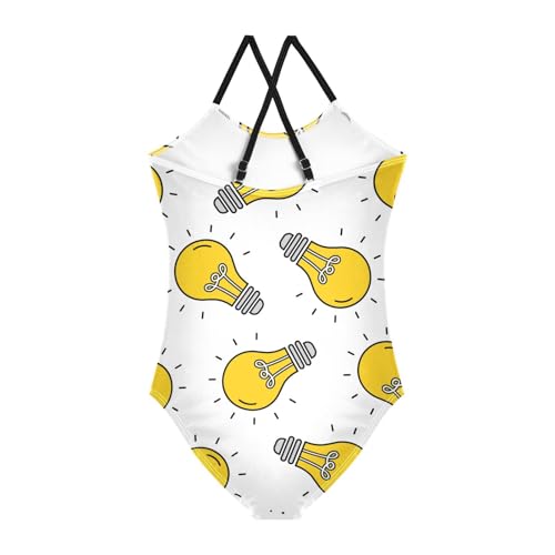 Girls One Piece Swimsuits Light Bulb Pattern on White Sport Halter Swimwear Beach Bathing Suit, 4T2