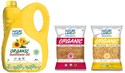 Image of Natureland Organics Sunflower Oil Jar, 5 L & Natureland Organics Brown Sugar 1 Kg (2 x 1 kg) Total 2 Kg - Organic Sugar & Natureland Organics Arhar /Toor Dal Pouch, 1 kg