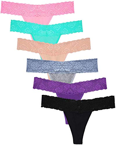 Sunm Boutique Cotton Thongs for Women, Sexy Lace Womens Underwear Pack, Low Rise T-back No Show Ladies Panties (6 Pack, Large, Multicolor)