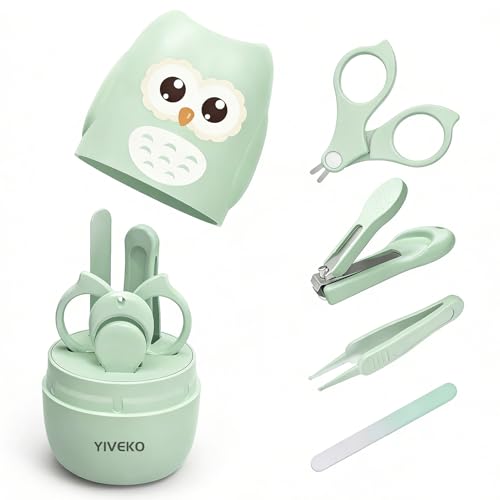 Baby Nail Kit, 4-in-1 Baby Nail Care Set with Cute Case, Baby Nail Clippers, Scissors, Nail File & Tweezers, Baby Manicure Kit and Pedicure kit for Newborn, Infant, Toddler, Kids-Owl Green