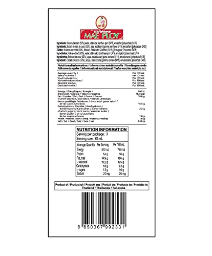 Mae Ploy Kokosnussmilch – Kokosmilch zum Kochen und Backen – Ideal für Desserts, Suppen, Smoothies und Cocktails – 6x250ml