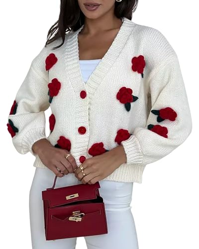 BAIMORE Women's Cute 3D Floral Crochet V Neck Button Down Long Sleeve Chunky Crop Sweater Cardigan