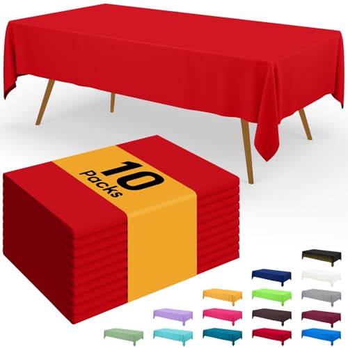 Image of Smiry Disposable Table Cloth - 10 Pack, 54 x 108 Inch Waterproof Rectangle Tablecloths for Parties, Decorative Plastic Table Cover, Leakproof & Sturdy, Red