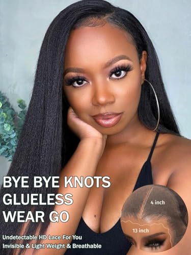 Image of KLAIYI Precut 13x4 Glueless Lace Front Wig Yaki Straight Bye Bye Knots Human Hair Wear and Go Wigs for Women Pre Bleached Pre Plucked Pre Everything 3S Ready to Wear Beginner Wig with Baby Hair 22Inch