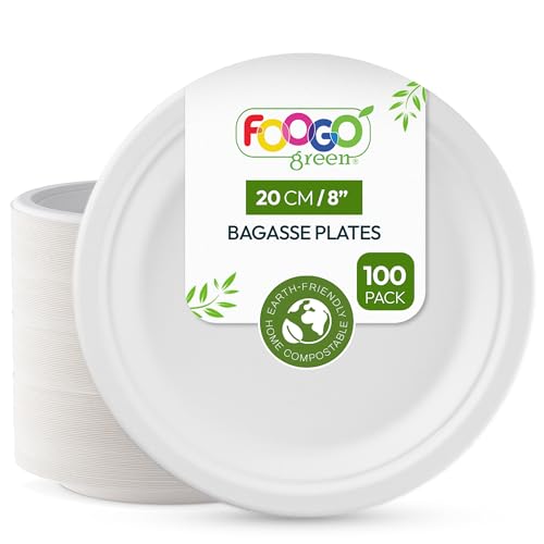 FOOGO Green 100pcs Disposable Sugarcane Bagasse Plates, 8 inch (20 cm), Medium Round Strong Paper Plates, Eco Friendly Biodegradable Compostable, for Picnic, Parties