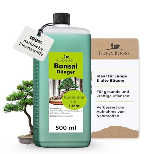 Konfitee Bonsai Dünger Flora Boost 500ml I Für bis zu 100L Gießwasser I Für Junge & alte Bäume geeignet I Flüssiger Blatt- & Wurzeldünger I 100% natürlicher Pflanzendünger