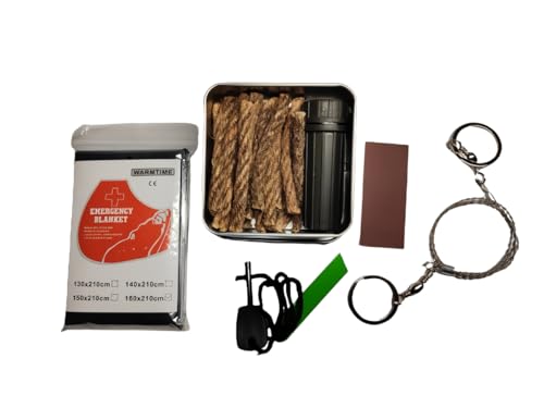 eGreen Fire Starter Weather Proof Matches Emergency Blanket Saw Wire Multiple Purpose Tool Wax Ropes for Hiking Camping Bushcraft (Matches + Ferro Rod + 20 Ropes + Saw + Blanket + Tin Box)