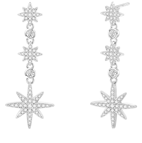 TIGRADE Wedding Earrings for Brides Bridesmaids Silver Star Hexagonal Snowflakes Dangling Cubic Zirconia 925 Sterling Silver Post Earrings for Women Prom