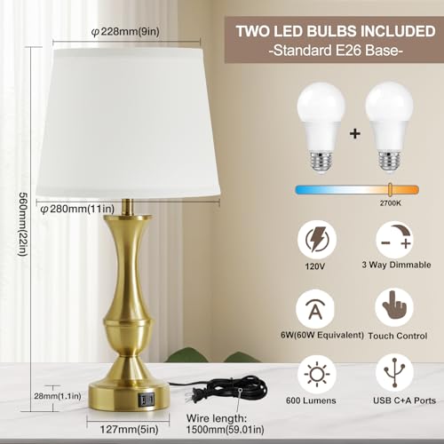 Image of Luvkczc 22 inch Gold Table Lamps Set of 2 - Modern Luxury Bedside Lamps | White Fabric Shade, Dimmable & Dual USB C+A Ports, Nightstand Lamps for Bedroom /Living Room (Bulb Included)