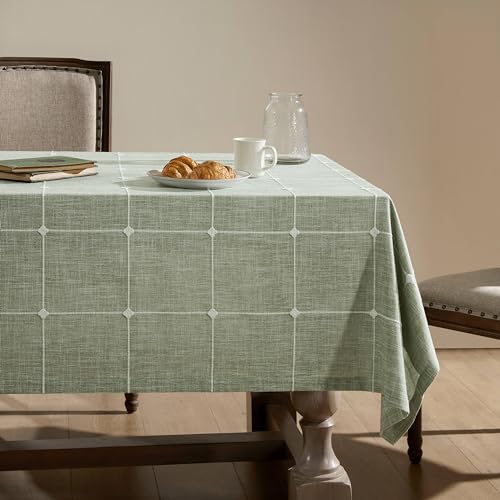 ZeeMart Grid Embroidered Hemmed Tablecloths Green 52×70 Inch Farmhouse Style Heavy Weight Cotton Linen Sage Green Tablecloths Boho Plaid Water Resistant Rectangle Table Cloth