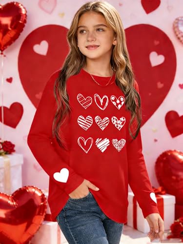 Image of Girls Valentines Day Shirt:Cute Heart Graphic Long Sleeve Tee Tops 6-14y