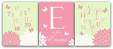 UNFRAMED Prints (Choose Your Sizes) - Set of 3 Personalized Pink and Green Floral Nursery Wall Art with Monogram and ABC Art - KIDS99