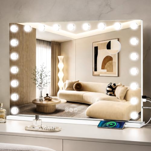 Image of ROLOVE 39.4 inch x 27.6 inch Extra Large Hollywood Vanity Mirror with Lights, 3 Color Lighting Modes, 10X Magnifying Mirror, Touch Control, Tabletop or Wall Mounted Makeup Mirror, White