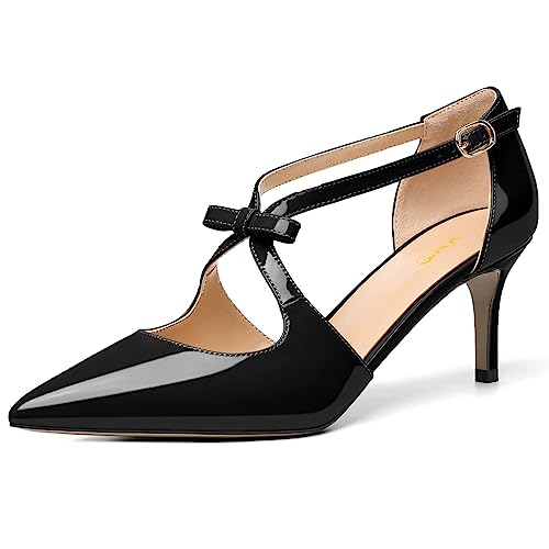 XYD Women's Sleek Pointed Toe D'Orsay Pumps Bowtie Crossover Strap with Buckle Mid Heels Office Work Dress Shoes