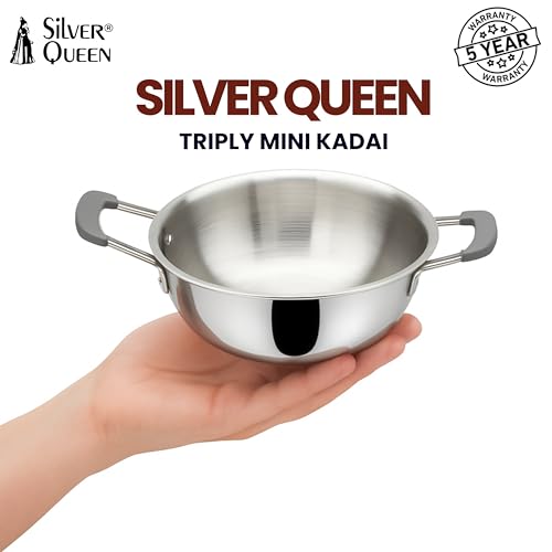 Image of Silver Queen Triply Stainless Steel Mini Kadhai 12 cm (0.35 L) with Silicone Handles | Triply Steel Kadai for Cooking | Durable Small Kadhai for Everyday Use, Cute kadai