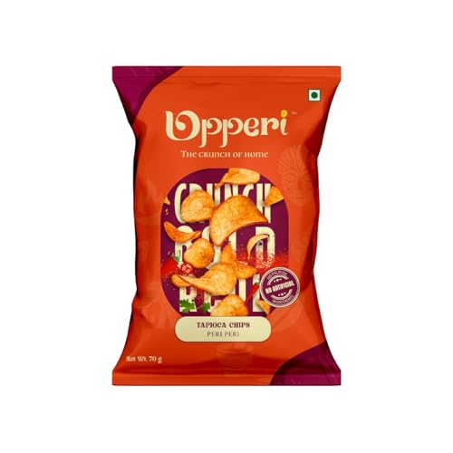 Image of Upperi Peri Peri Kerala Tapioca Chips | 70g | Kerala Kappa Chips | Fiery Peri Peri | Rice Bran Oil Fried | Zero Trans Fat | Lower Fat | NABL Certified | Vegetarian