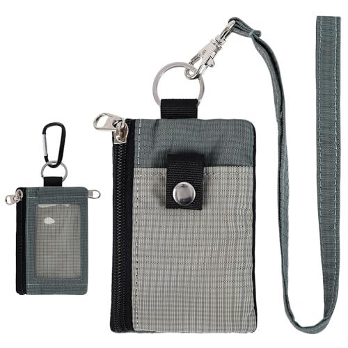 Image of MASAPHlL Small Lanyard Wallet for Women /Men with RFID Blocking ID Badge Holder, Minimalist Nylon Zipper Pouch, Traval Neck Wallet with Keychain, ID Window for Card,Coin,Cash (Gray+Dark Gray)