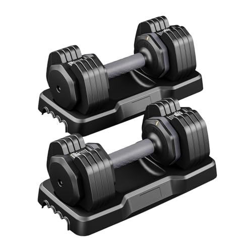 Moziel Mancuernas Ajustables 5 en 1 con Base, 11 kg/24,5 kg Pesas y Mancuernas Ajuste Rápido de 2 a 24,5 kg, Ahorran Espacio, Ideal para Entrenamiento en Casa o Gimnasio (2 x 11 Kg - Negro)