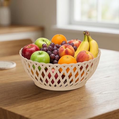Image of RATAN PLASTICWARE Cane Large Plastic Storage Basket for Fruits, Vegetables & Snacks - Decorative Woven Design for Kitchen, Dining Table & Home Use I Pack of 3 - Beige