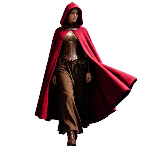 Womens Renaissance Medieval Hooded Cape Velvet Cloak Victorian Vintage Capelet Halloween Sorcerer Costume (Red)
