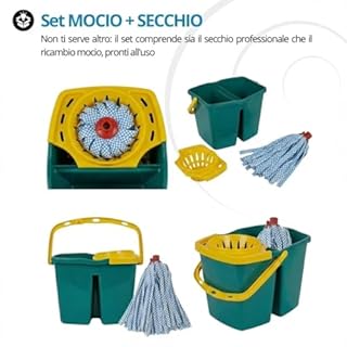 Tomaino - Secchio Lavapavimenti Doppia Vasca in Plastica - Mocio Lavapavimenti 7 litri con Strizzatore - 2 Vasche per Acqua Pulita e Sporca (Secchio + 2 ricambi micorfibra)