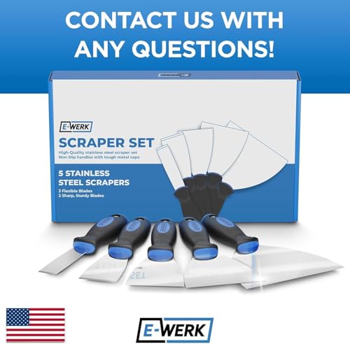 EFFEKTWERK Profi Spachtel Set – 5tlg Spachtel aus rostfreiem Edelstahl – 2x stabil zum Tapeten entfernen mit Anschliff & Metallplatte – 3x flexible Malerspachtel – Maler Werkzeug Spachtelset - 7