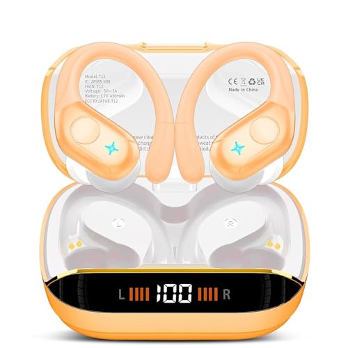 Qecnato Bluetooth Kopfhörer Sport In Ear Kopfhörer Kabellos Bluetooth, Ohrhörer LED Anzeige IP7 Wasserdicht Wireless Headset mit Ohrhaken Hellbraun