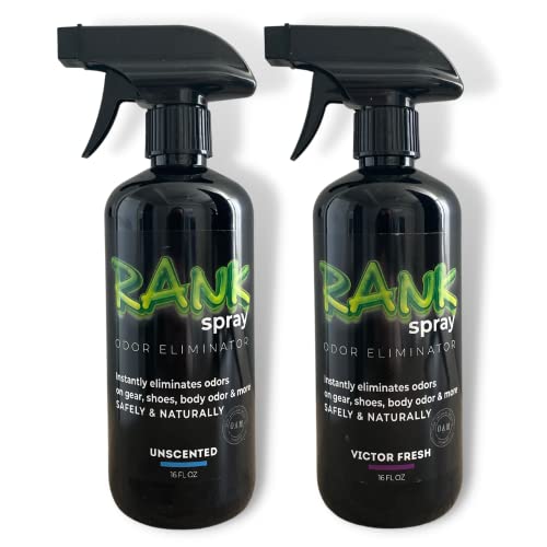 RANK Spray Sports Odor Eliminator: Banish Body & Sweat Odor From Sports Gear, Yoga Mats, Gym Bag, Shoes, Helmets, Cleats, etc! Safe Boxing Glove Spray & Hat Deodorizer - 2 16 oz Bottles Mix Pack