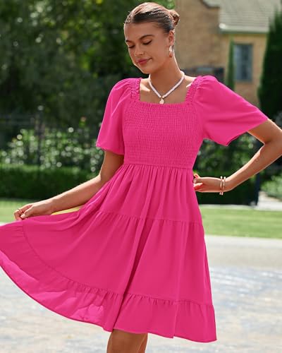 Image of BTFBM Womens Summer Smocked Mini Dress Spring Square Neck Flutter Sleeve Casual Ruffle Swing Boho Beach Dresses Pockets