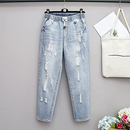 Women's High Waisted Jeans Strechy Raw Hem Straight Leg Denim Pants Elastic Waist Bottom Baggy Y2K Pants2