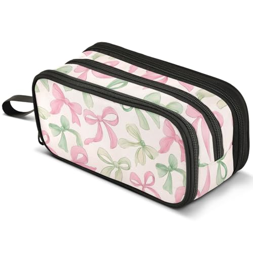 Image of ALAZA Pink Green Bow Large Pencil Case, Pen Pouch Pencil Bag with 3 Compartments Pen Holder Organizer Stationery Bag
