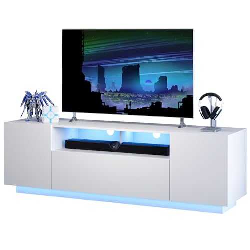 WLIVE Modern TV Stand for 65 Inch TV, Entertainment Center with LED Lights & Large Storage Cabinets, Sturdy Media Console for Living Room, Bedroom, Gaming(White)