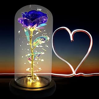 MARCHIORI Purple Romantic Rose for Women,, Rose in a Glass Dome with LED Light, Unique Gifts for Women, Glass Dome Galaxy Rose Home/Office or Home Decorations, Gift for Wife Women Mother