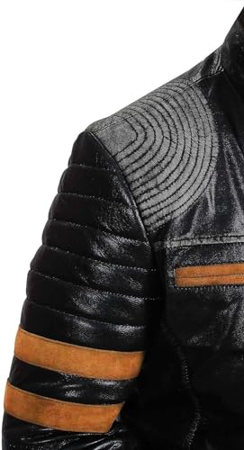 Image of Men's Leather Jacket Cafe Racer Biker Style Retro Stripes, Motorcycle Racing Leather Jacket Men (US, Alpha, Medium, Regular, Regular, S29) Retro Orange Stripes Distressed Black Jacket