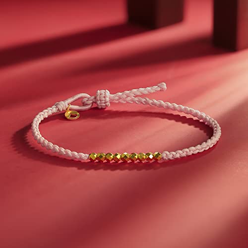 Zhou Liu Fu 999 24K Solid Gold Bracelets For Women, Real Pure Gold Adjustable Friendship Charm Gold Bead Crushed Gold Bracelet Red Pink Green Purple Braided Bracelet For Women Men Mom Teen Girl #TOP3