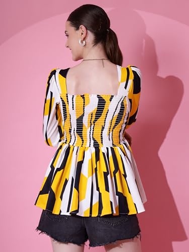 Image of Sheetal Associates Women's Crepe Puff Sleeves Peplum Top with Floral Printed Regular Fit Full Sleeve and V-Neck Maxi Length
