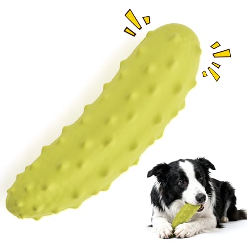 LIFLIX Tough Squeaky Dog Toys Durable Dog Chew Toy with Natural Rubber Teething Toys for Medium Large Breeds Cucumber Pickle Shape Yellow